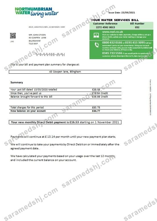 United Kingdom Northumbrian Water utility bill template in Word and PDF format, version 1
